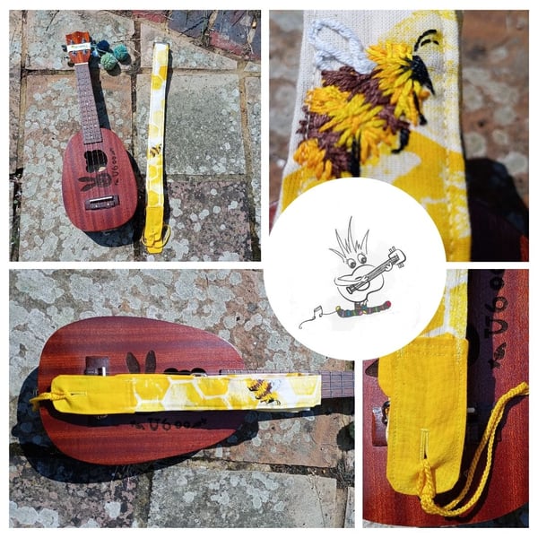 Hand printed, Hand Embroidered Bumble Bee Ukulele Strap