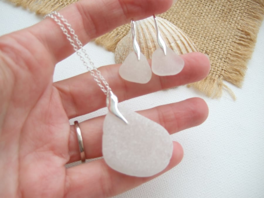 Scottish white sea glass set, wave shaped sterling bail, white beach glass 