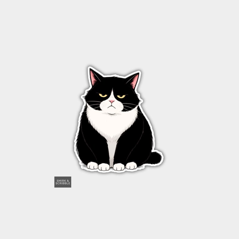 Funny Novelty Vinyl Sticker - Cute Grumpy Tuxedo Cat