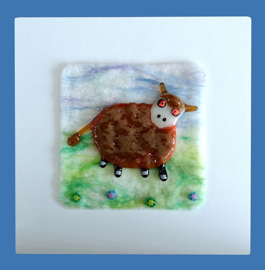 HANDMADE FELT AND FUSED GLASS 'HIGHLAND COW' PICTURE