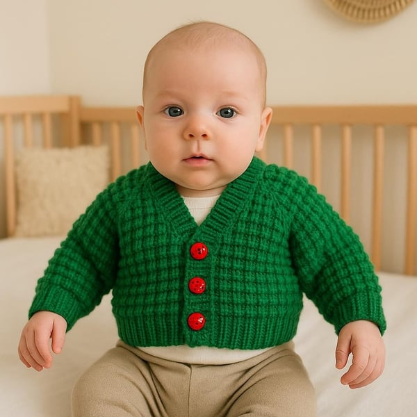 Hand knitted baby cardigan in emerald green with textured pattern  
