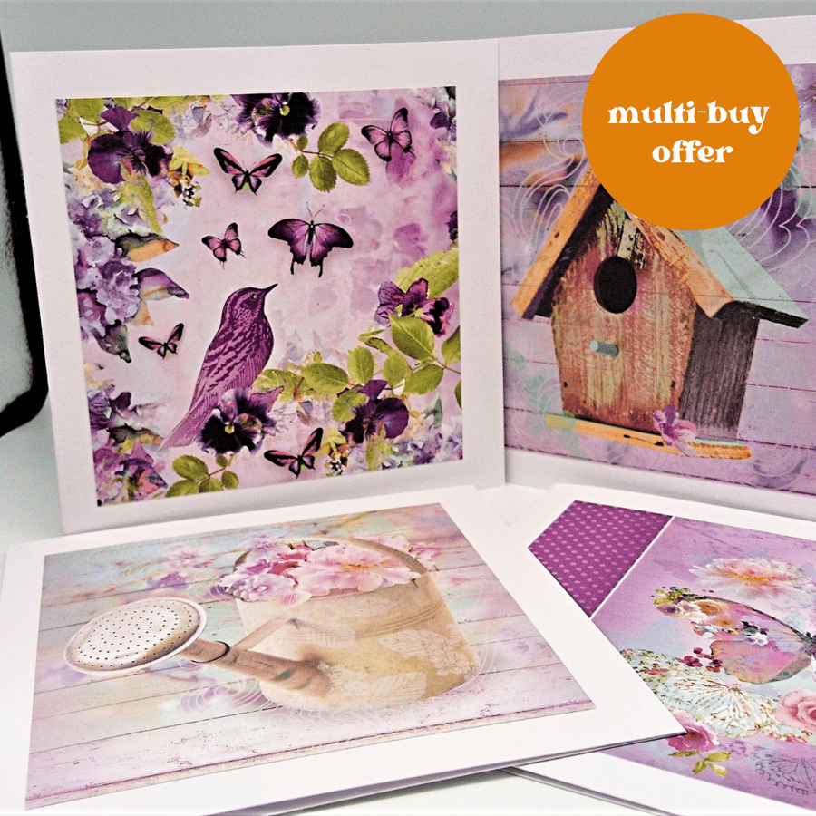 All Occasion Notecards Pack of 4.Flowers Birds Butterflies Birdhouse. Ideal Gift