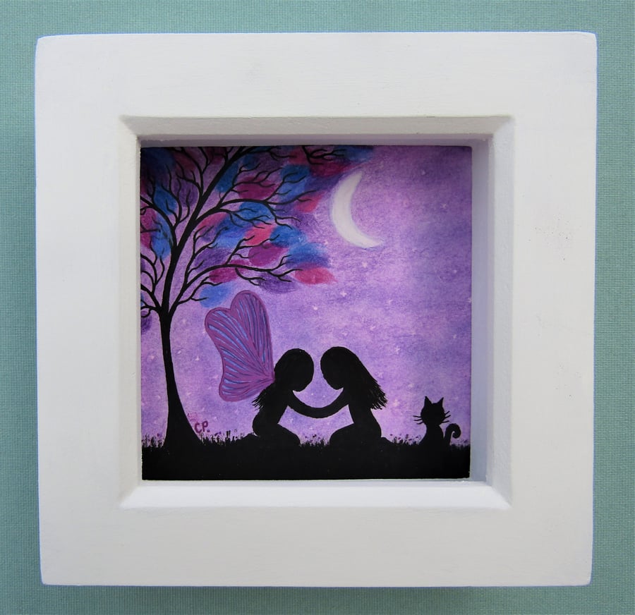 Framed Fairy Print, Spiritual Daughter Gift, Girl Tree Moon Cat Picture, Sisters