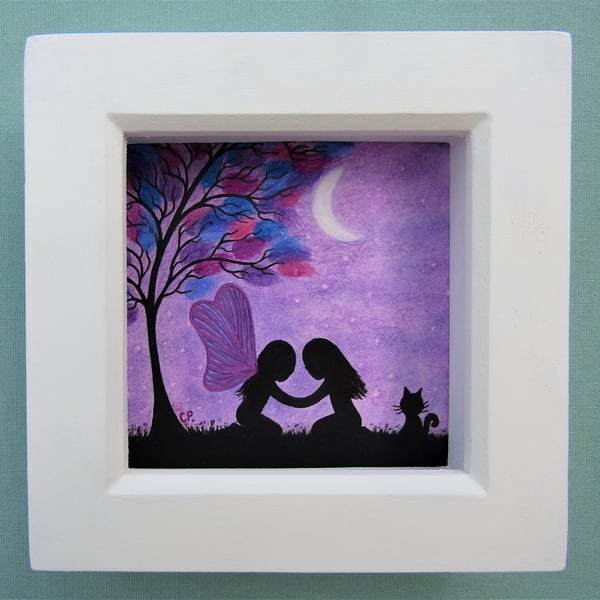 Framed Fairy Art Print, Purple Tree Moon Picture, Daughter Gift, Silhouettes