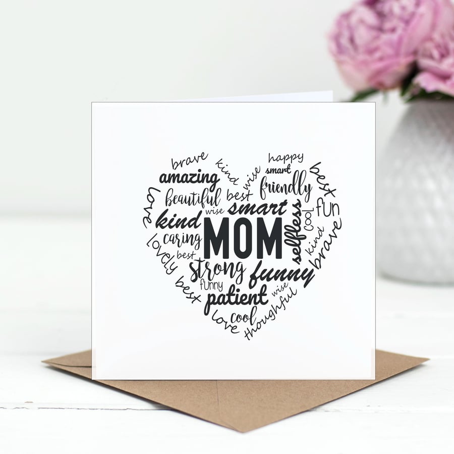 Mom Heart Words Greetings Card - Mothers Day Cards - Fun Typography Card C24