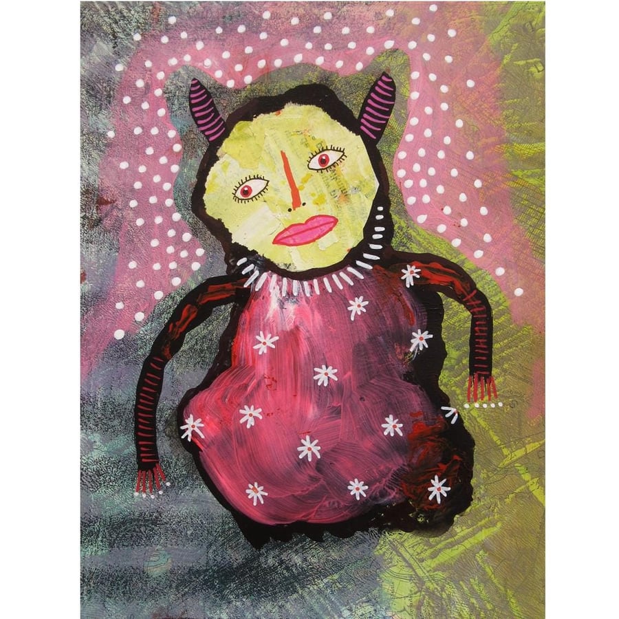 Small Weird Figure Painting Outsider Lowbrow Surreal Alternative Art 6x8"