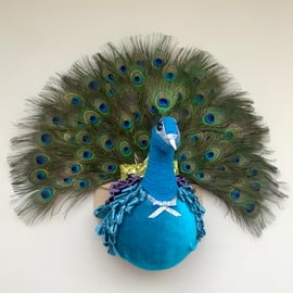 Faux taxidermy handmade velvet diva peacock bird animal head wall mounted trophy