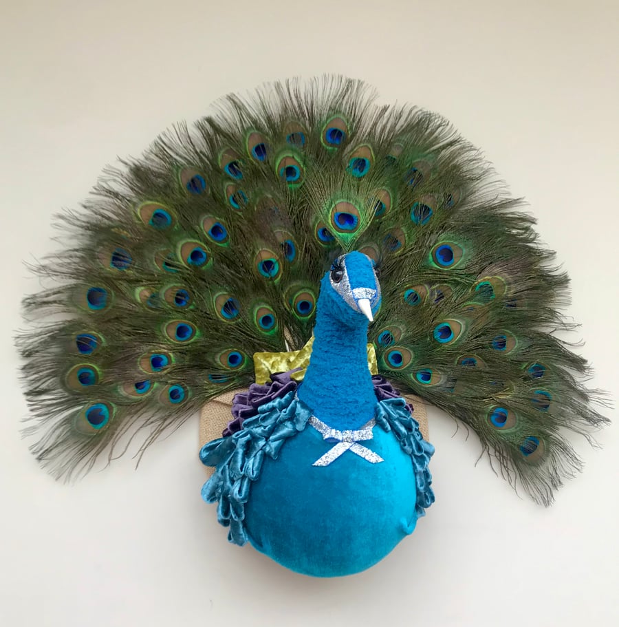 Faux taxidermy handmade velvet diva peacock bird animal head wall mounted trophy