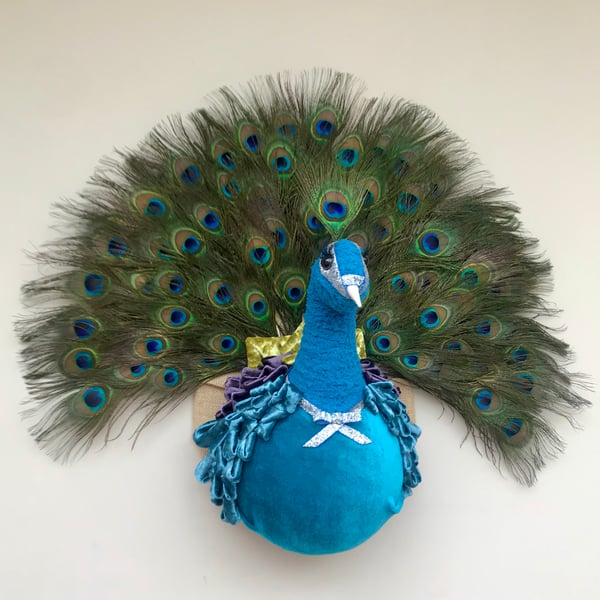 Faux taxidermy handmade velvet diva peacock bird animal head wall mounted trophy