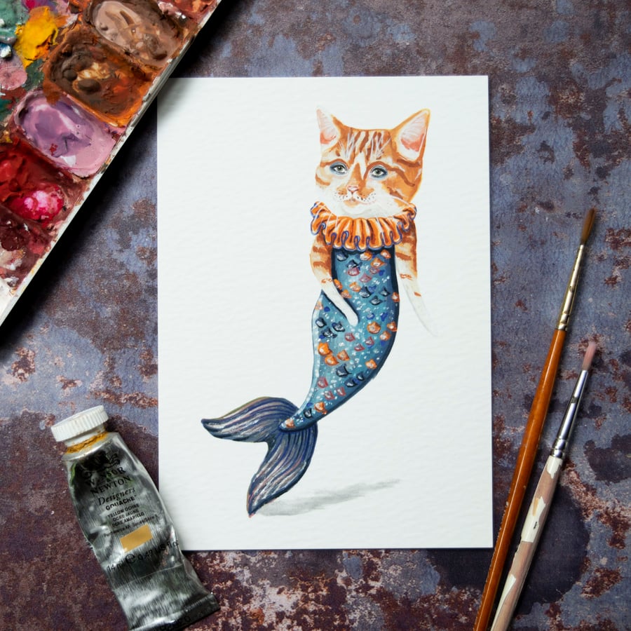 Hand embellished mini art print of a cat fish called Louie- A6 print