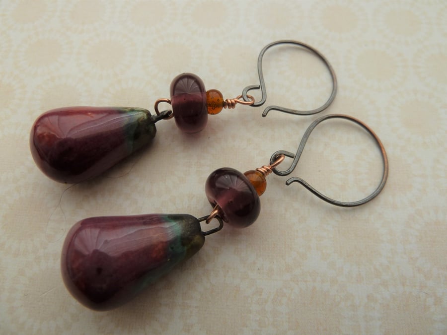 handmade copper, ceramic and lampwork earrings, red and purple