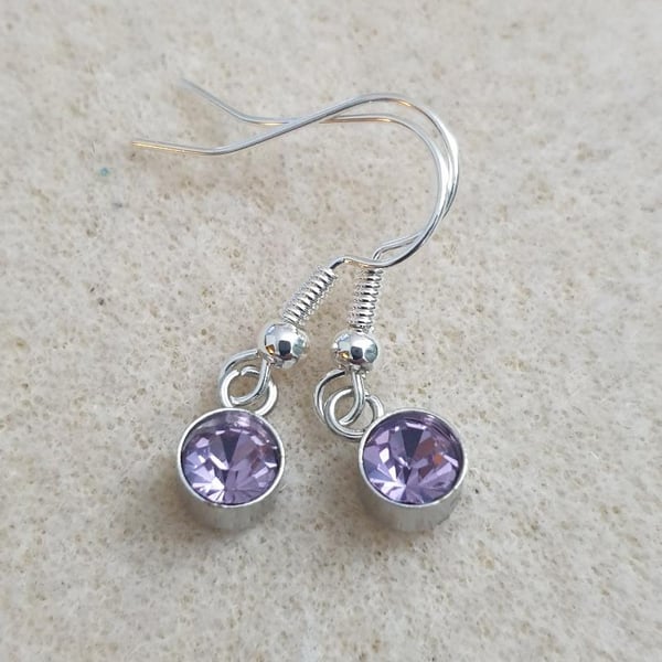 sweet little silver plated earrings with mini lilac purple  glass pendants
