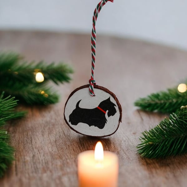 Black Scottie Dog Round Wooden Christmas Decoration Tree Ornament