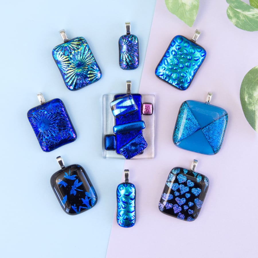 Bright Blue Sparkly Dichroic Fused Glass Pendants