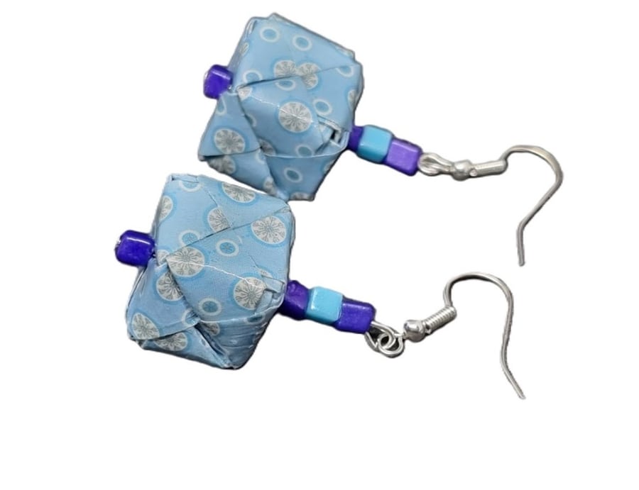 Origami earrings: light blue paper and beads in shades of blue