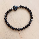 Black Onyx  Bracelet with Smooth Central Heart and 6mm Faceted Gemstone Beads