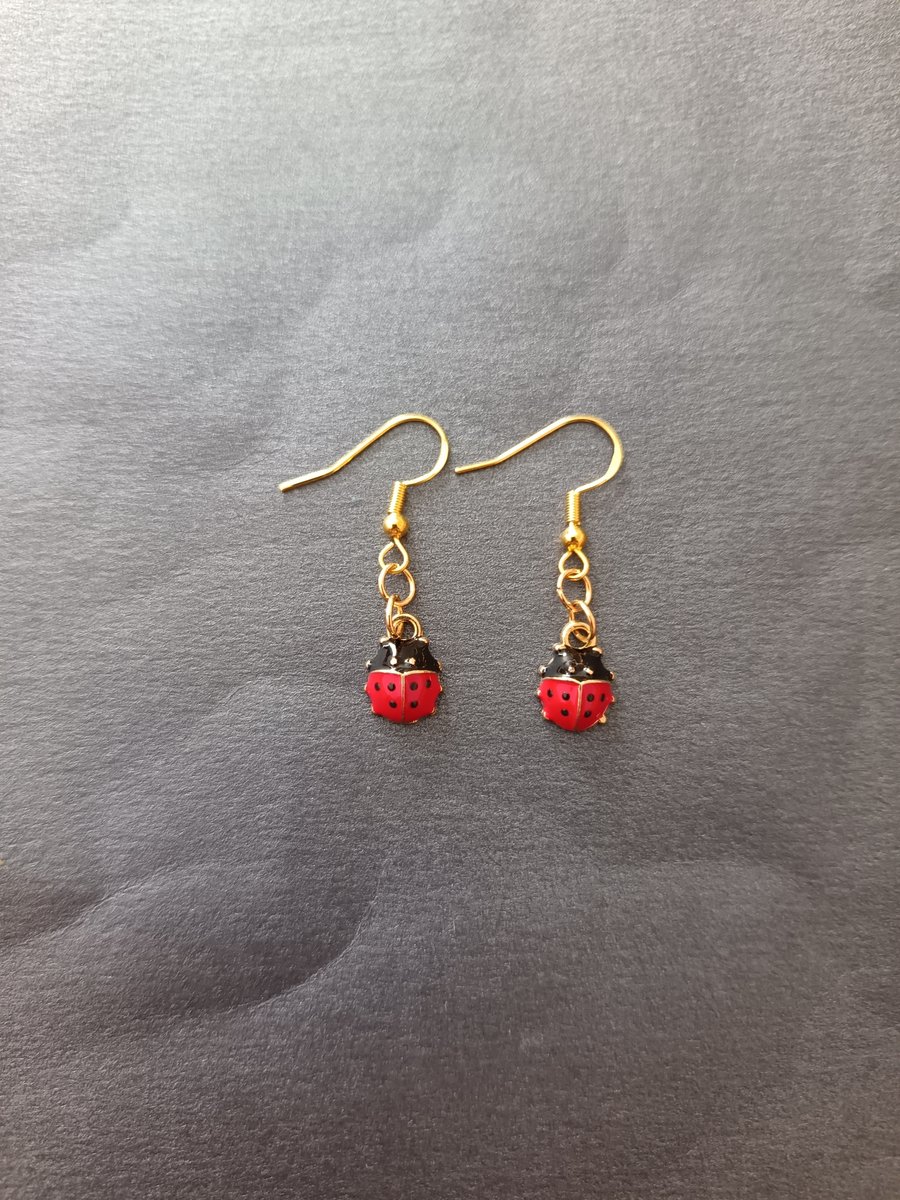 Gold, red and black ladybird charm dangle earrings 