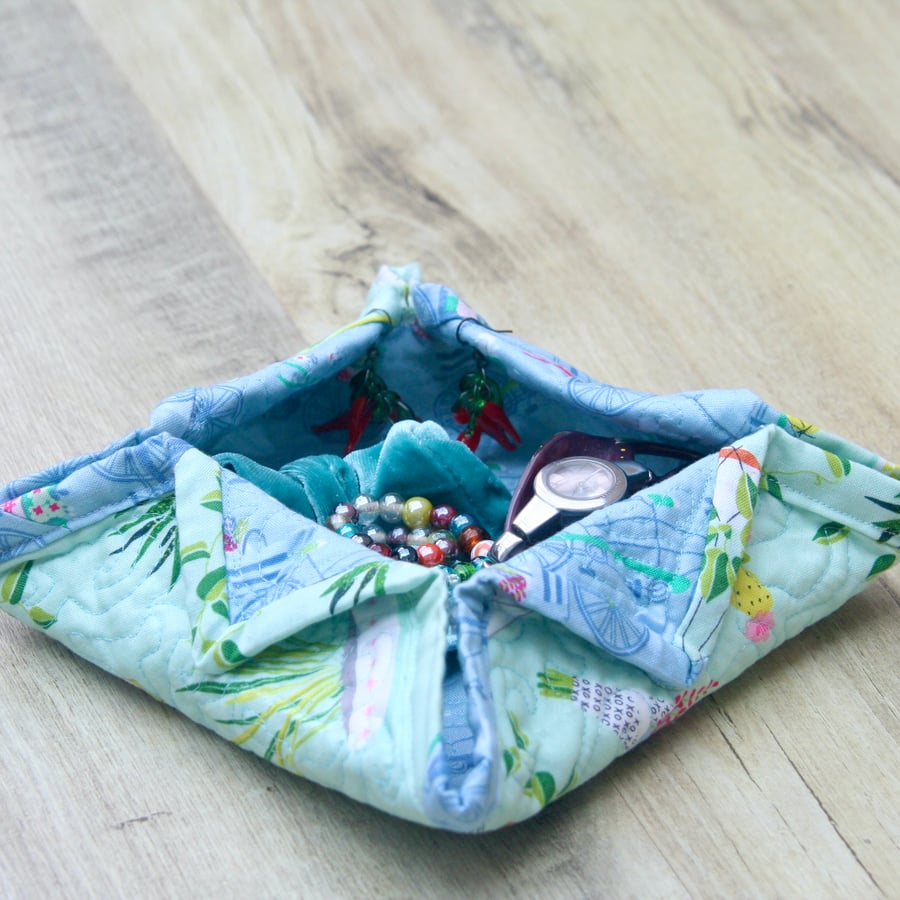 Quilted Fabric storage box featuring Bicycle and succulents fabric.