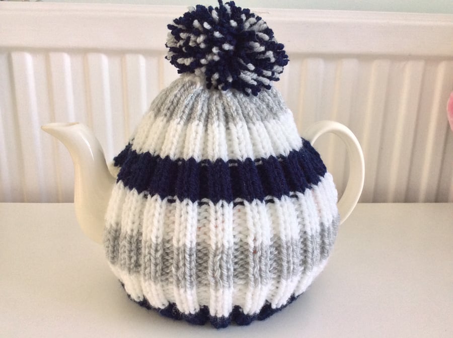 Tea Cosy - navy white and grey stripe fits up to a 6 cup pot