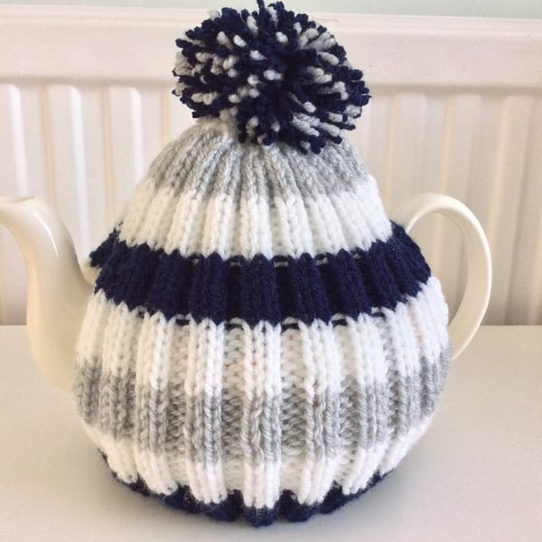 Tea Cosy - navy white and grey stripe fits up to a 6 cup pot