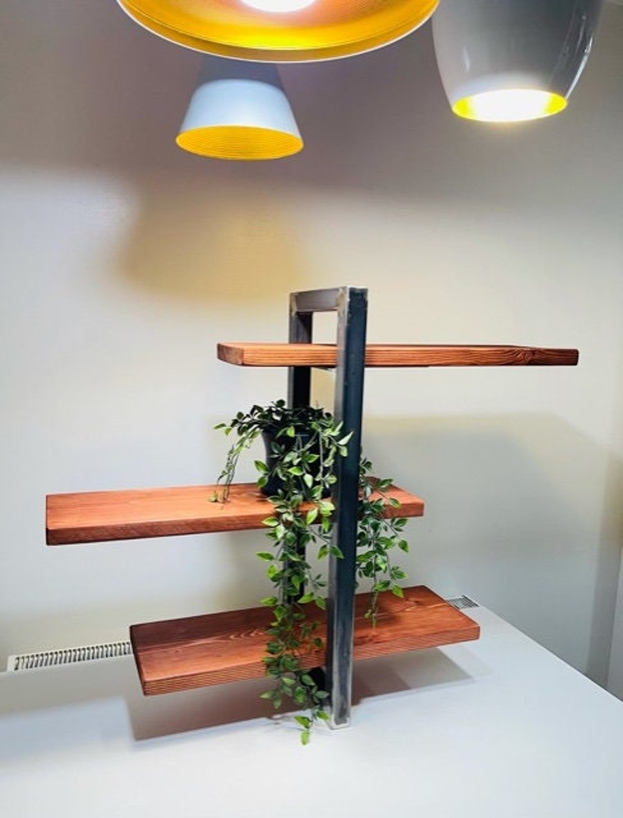 Industrial shelving unit, rustic reclaimed scaffold wood, steel frame, 3 levels