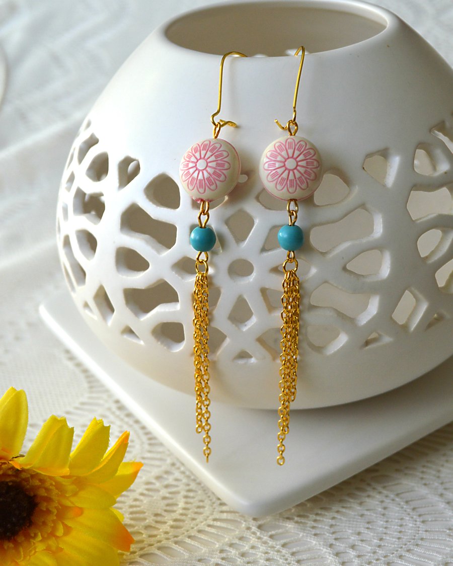 Sale! 50% off! Long, Summery Earrings in Pink and Turquoise