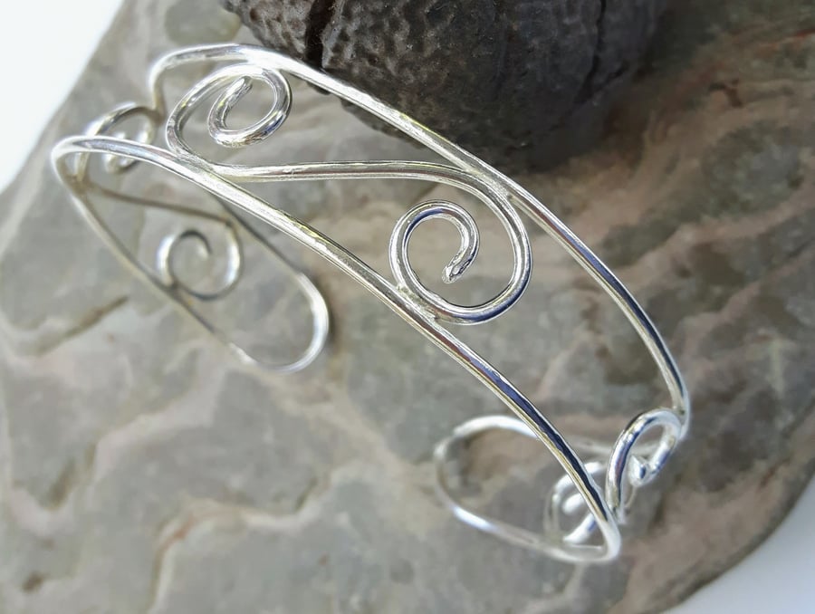 Silver Scroll Bangle, Cuff Bangle, Hallmarked
