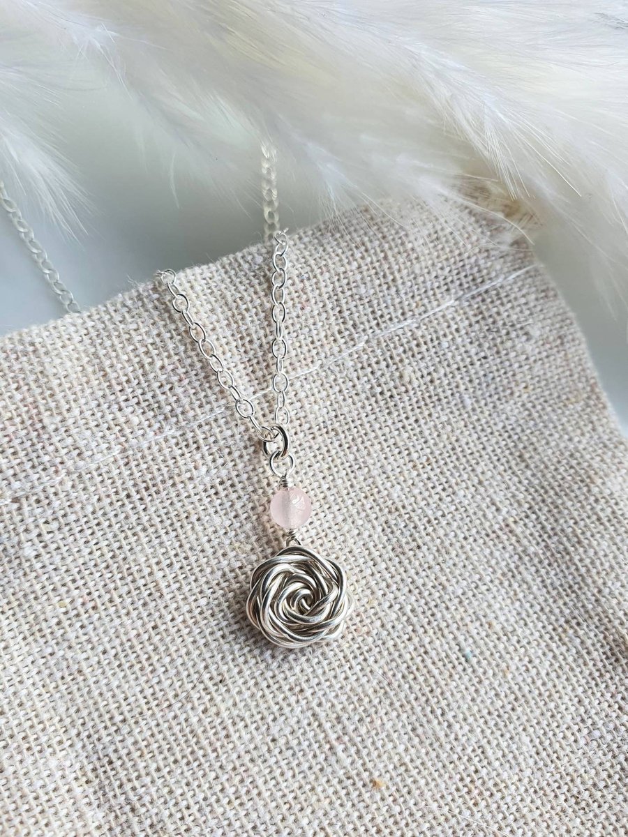 Recycled sterling silver wire wrapped rose and rose quartz necklace