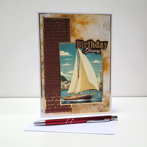 Nautical Birthday Card for Him - Handmade Sailing Boat Birthday Card