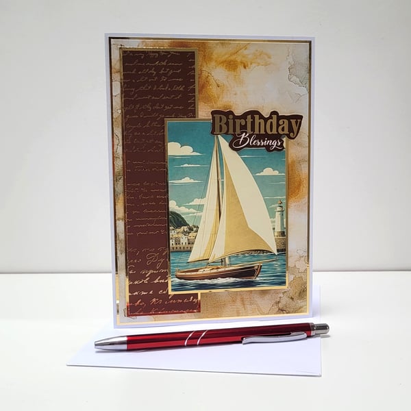 Nautical Birthday Card for Him - Handmade Sailing Boat Birthday Card