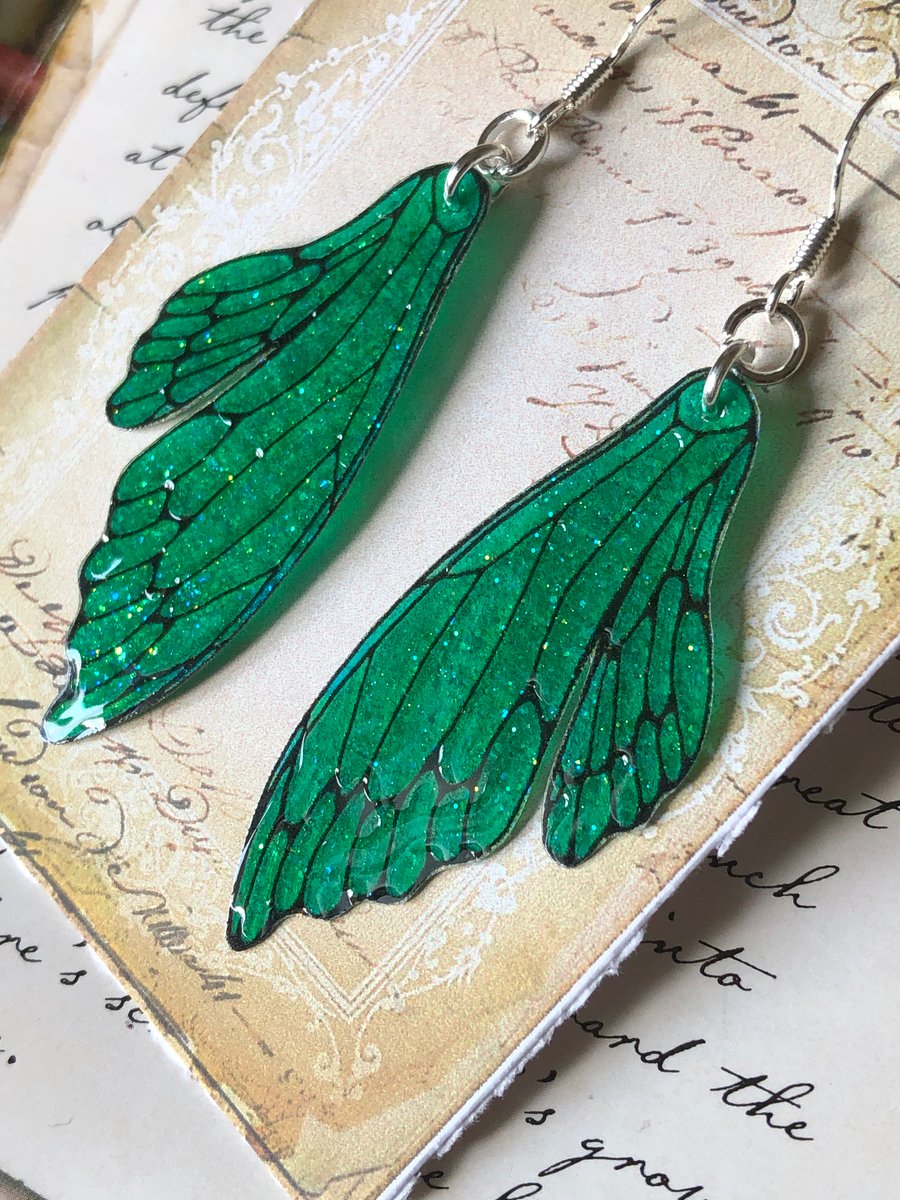 Sparkling Dark Green Double Fairy Wing Earrings Sterling Silver