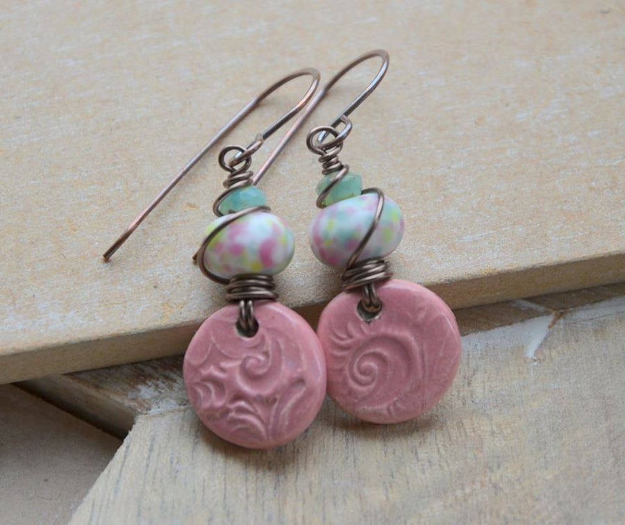 Handmade Pink Ceramic, Lampwork Glass and Copper Earrings