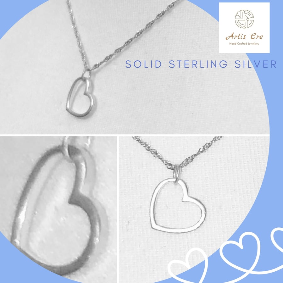 Solid open heart in sterling silver on 16” sterling rope chain Christmas gift