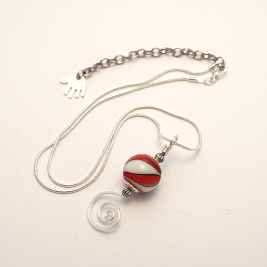 Red and White Lampwork Glass Swirl Pendant Necklace - Silver Wirework