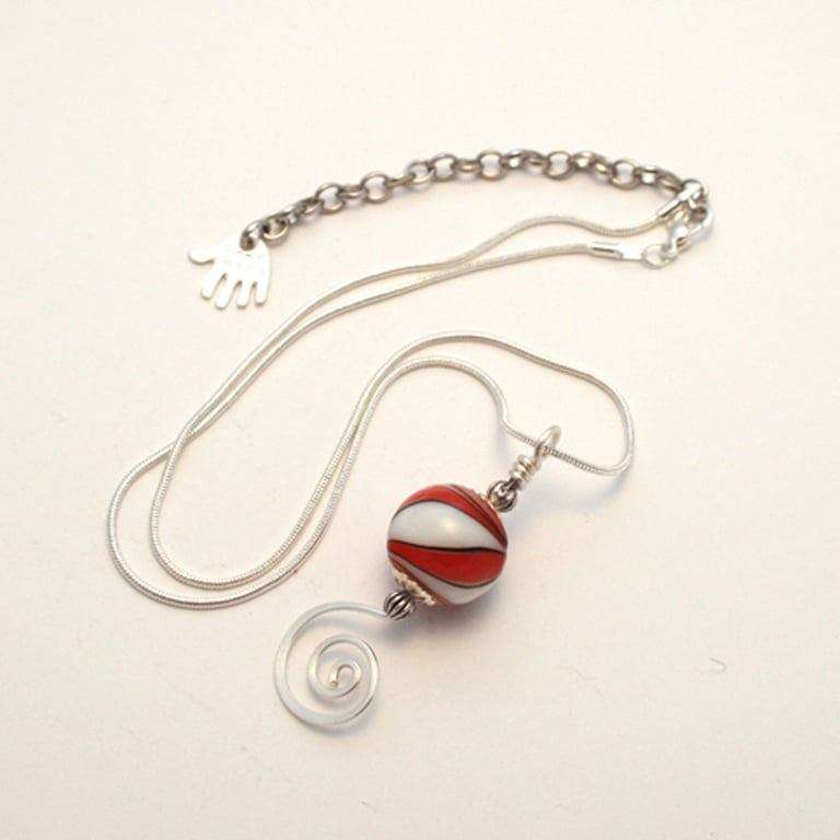 Red and White Lampwork Glass Swirl Pendant Necklace - Silver Wirework