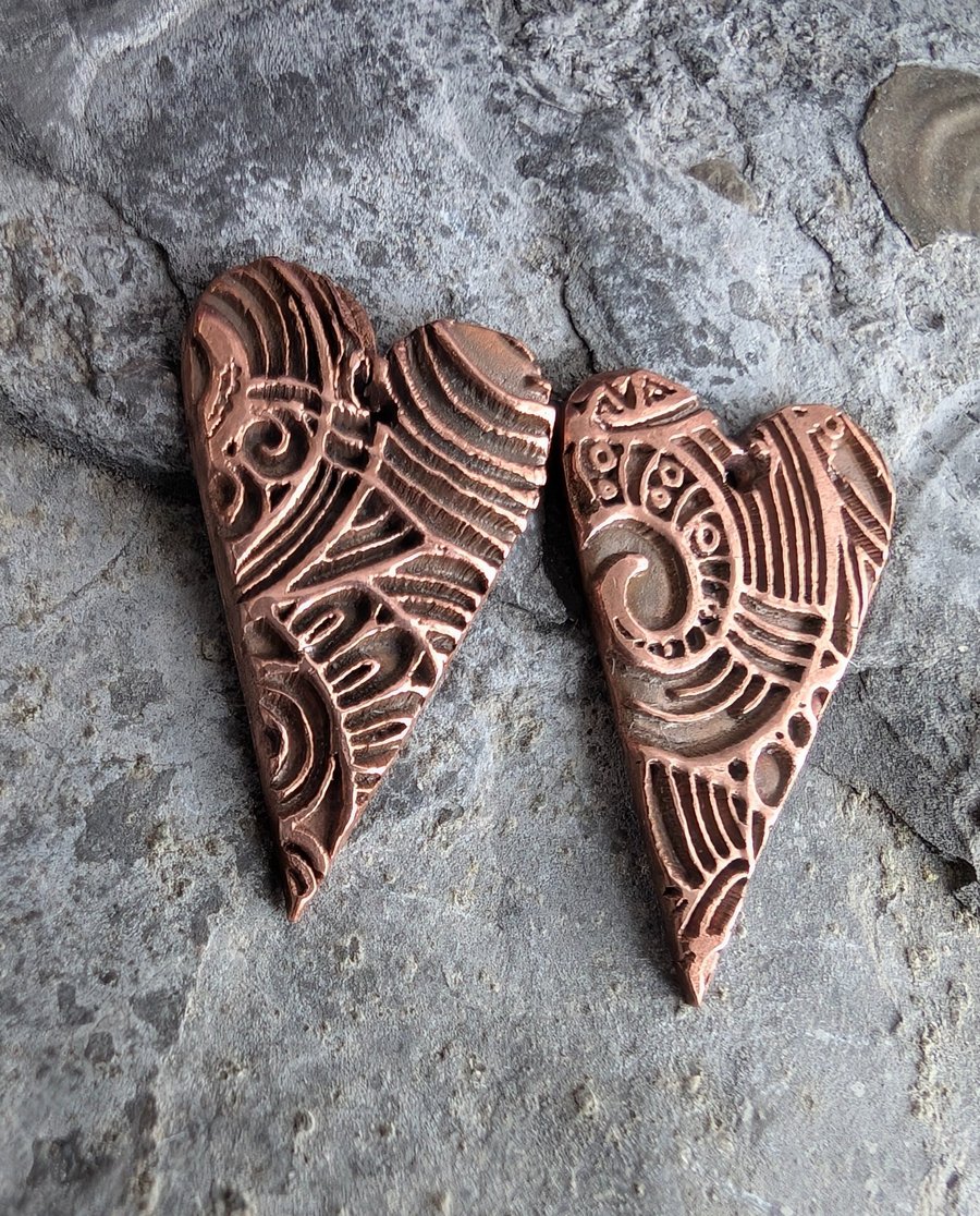 Pair of Long Heart Copper Charms Scroll and Loop Design