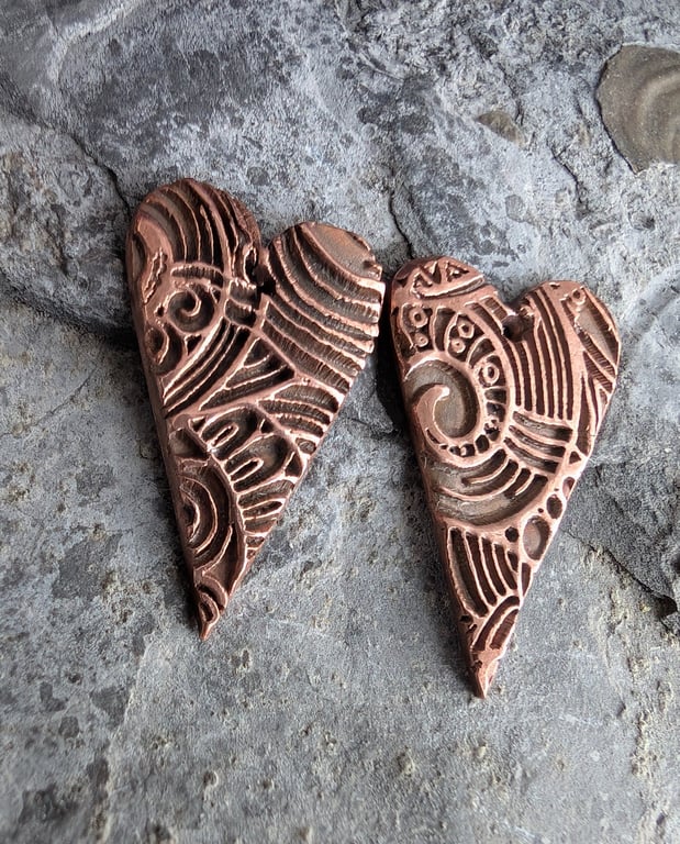 Pair of Long Heart Copper Charms Scroll and Loop Design