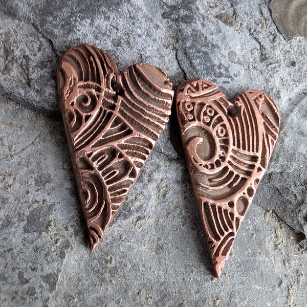 Pair of Long Heart Copper Charms Scroll and Loop Design