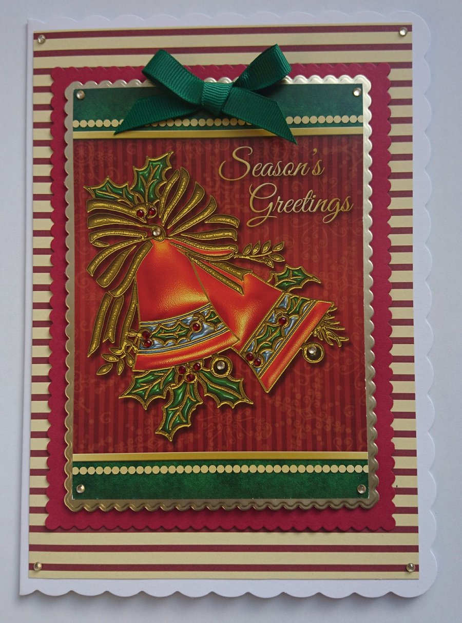 Handmade Christmas Card Christmas Bells and Holly Season's Greetings