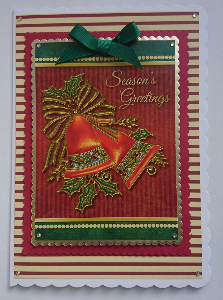 Handmade Christmas Card Christmas Bells and Holly Season's Greetings