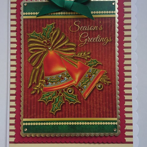 Handmade Christmas Card Christmas Bells and Holly Season's Greetings