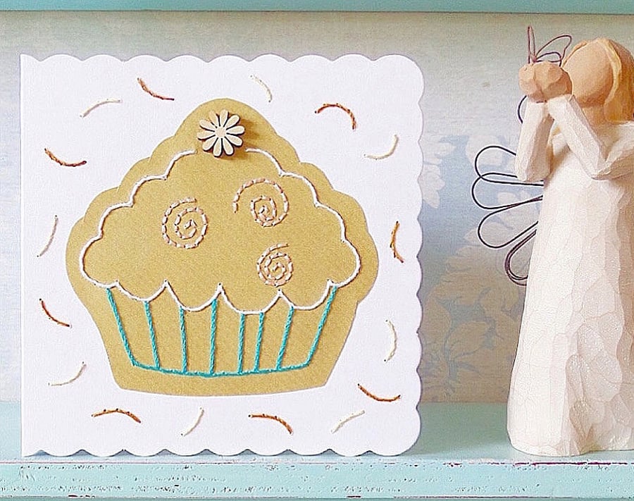 Cupcake Card. Hand Sewn Card. Birthday Card. Stitched Card. Blank Card. Cakes.