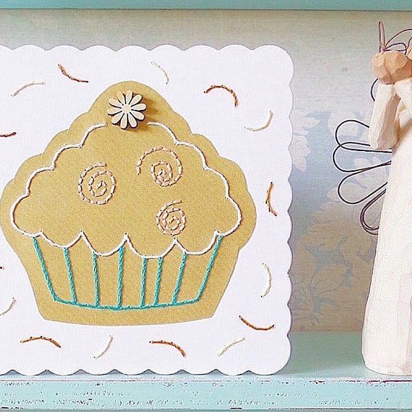 Cupcake Card. Hand Sewn Card. Birthday Card. Stitched Card. Blank Card. Cakes.