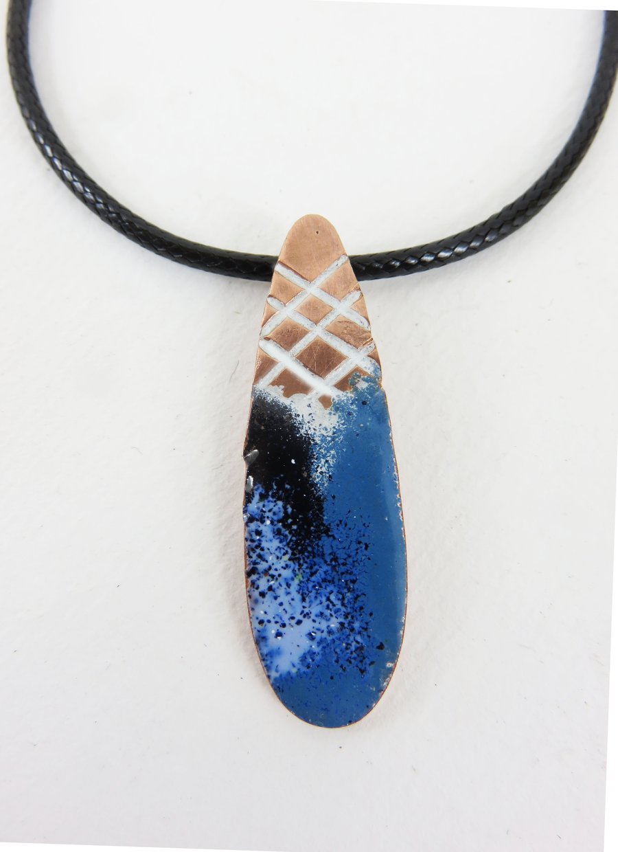 Textured, teardrop copper and enamel pendant