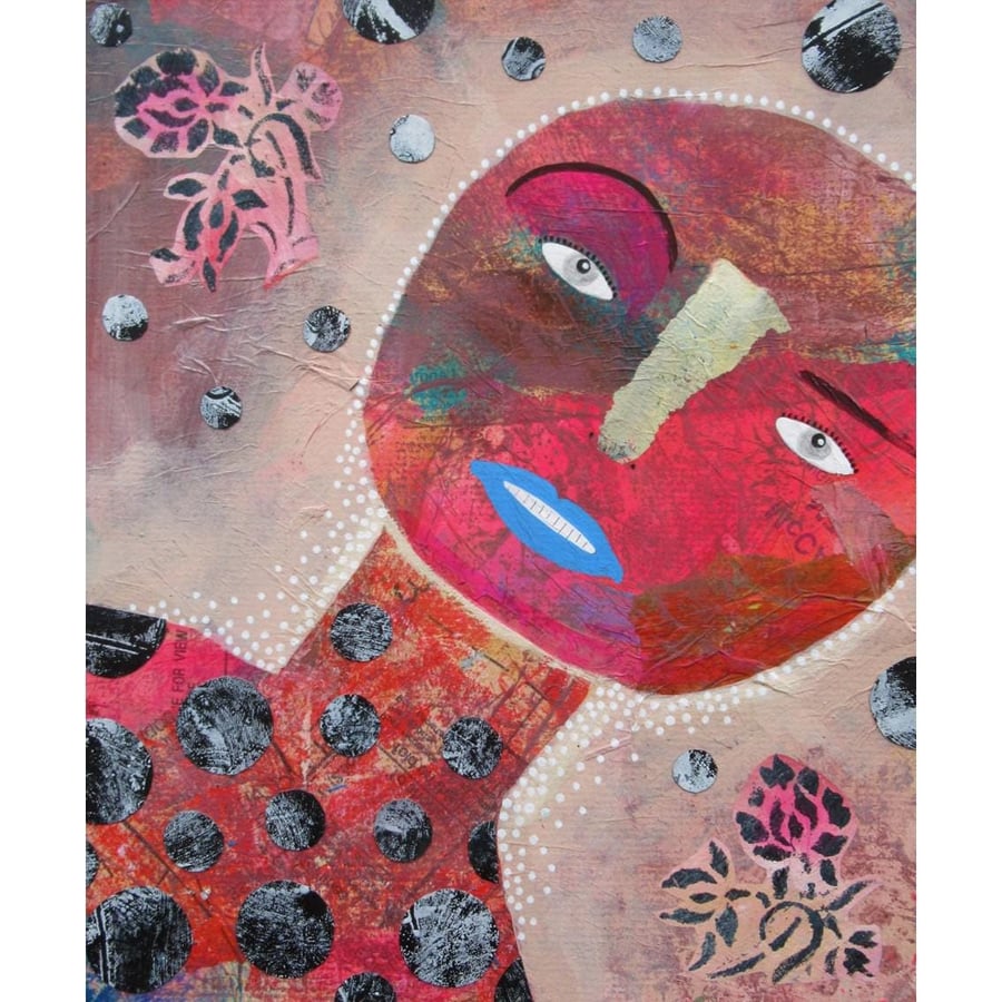 Alternative Primitive Art Portrait Painting Face Red Beige Abstract Figurative