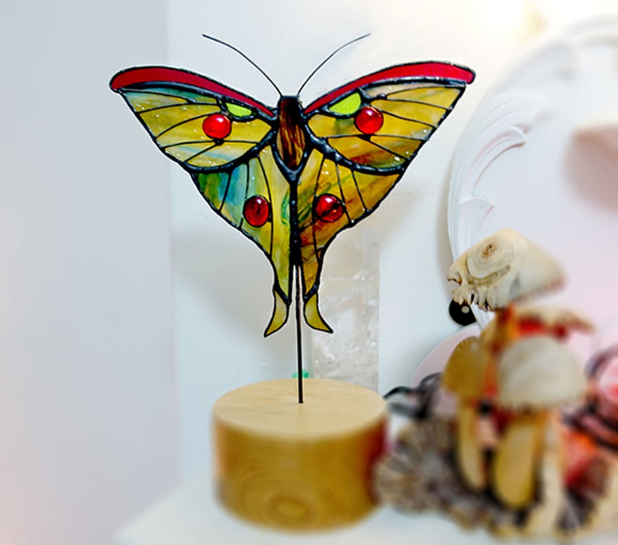 Moon Moth Glass Art Ornament on solid Oak wood base.  Wedding or Heirloom Gift