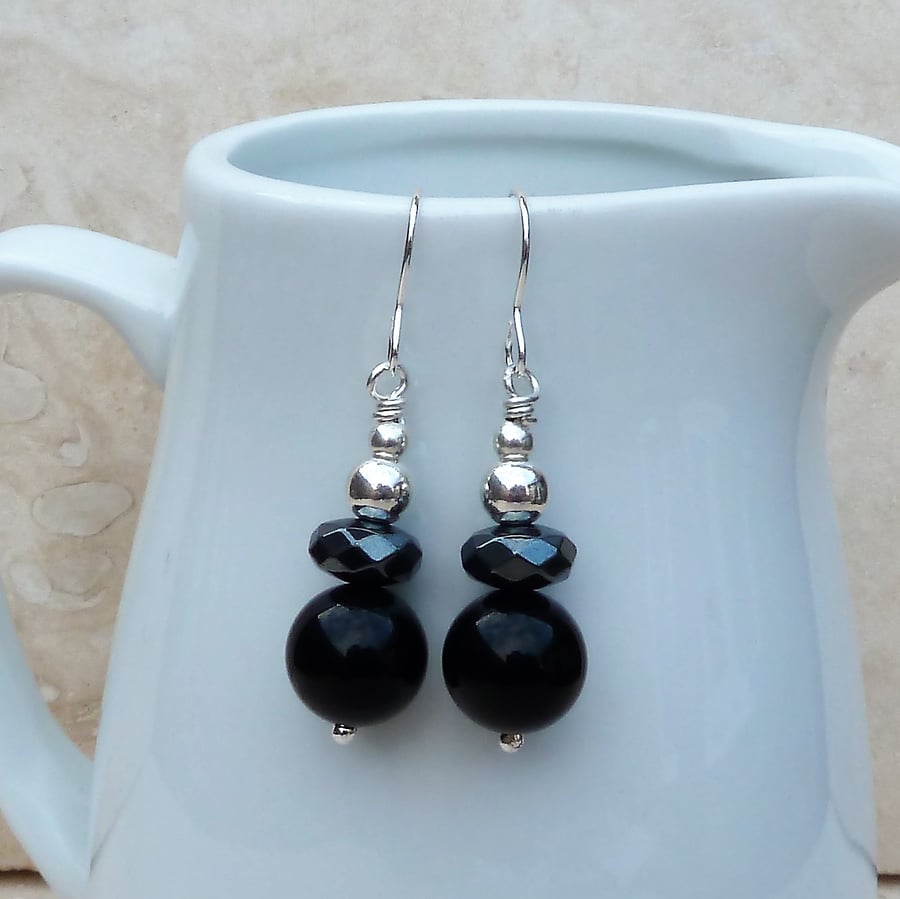 Black Onyx, Hematite and Sterling Silver Beaded Earrings - GEM066 