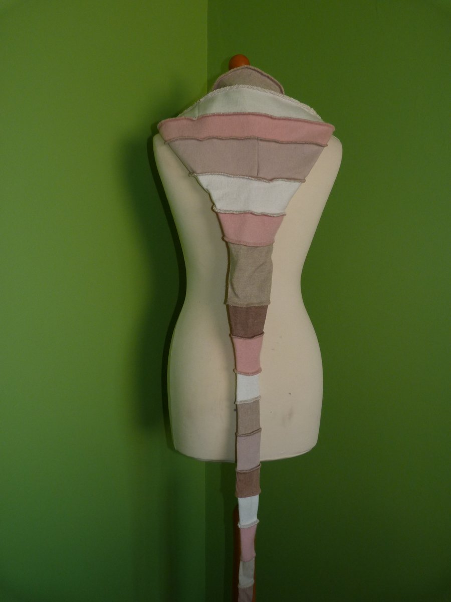 Long Hood with Neck Ties. Upcycled. Pink and Beige.  Faerie Festival Wear.