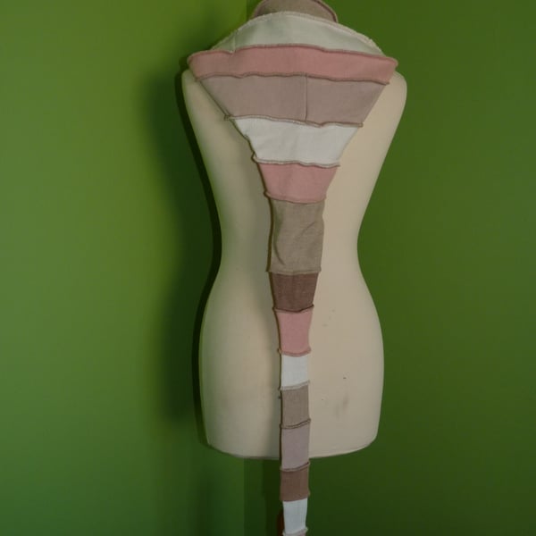 Long Hood with Neck Ties. Upcycled. Pink and Beige.  Faerie Festival Wear.