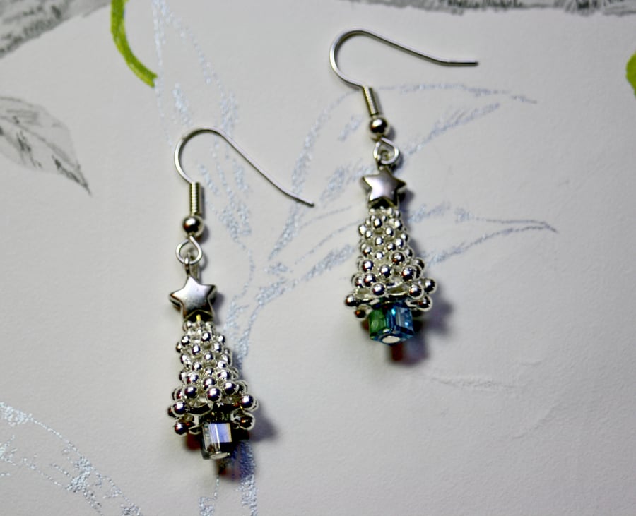 Christmas Tree Snowflake sparkle earrings in blue